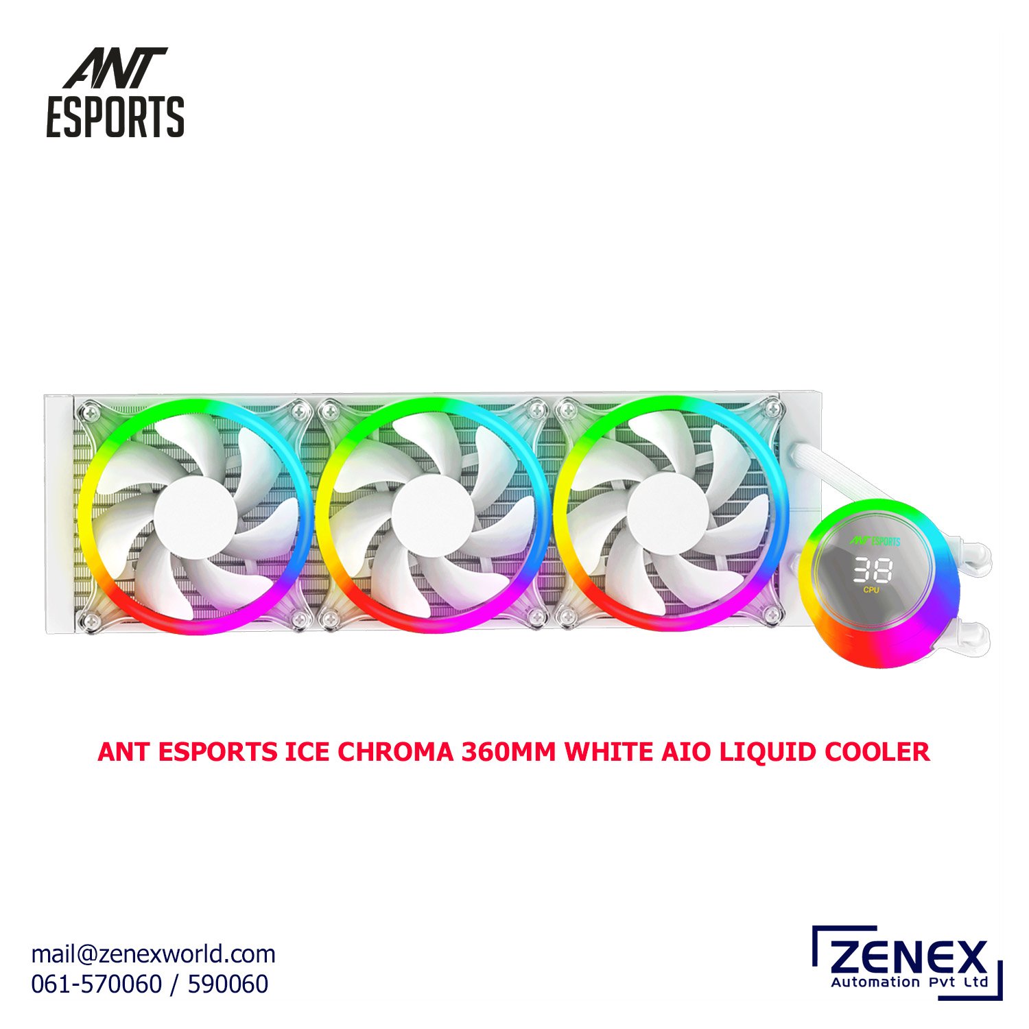 Zenex-Ant Esports-Ice-Chroma-360mm-White-Aio-Liquid-Cooler_1 ANT ESPORTS ICE CHROMA 360MM WHITE AIO LIQUID COOLER - Image 1